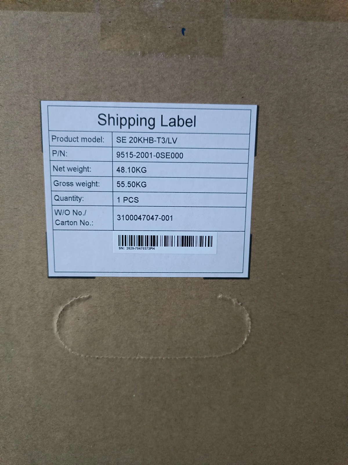 Three-phase 6–20 kW packaging references · Shipping label