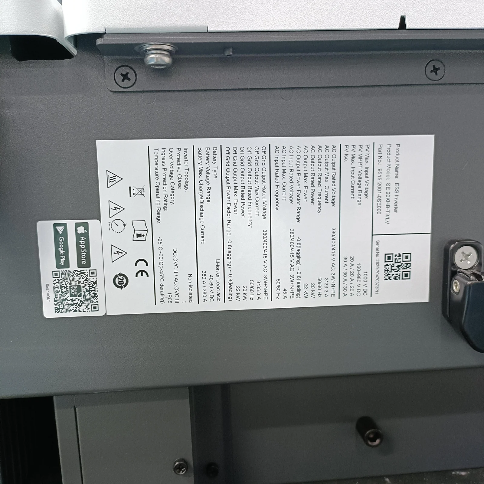 Three-phase 6–20 kW packaging references · Product nameplate